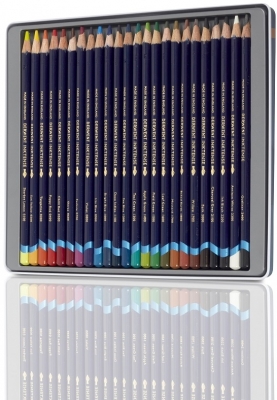 Creioane colorate Derwent Professional Inktense, cutie metalica, solubile in apa, 24 culori/set